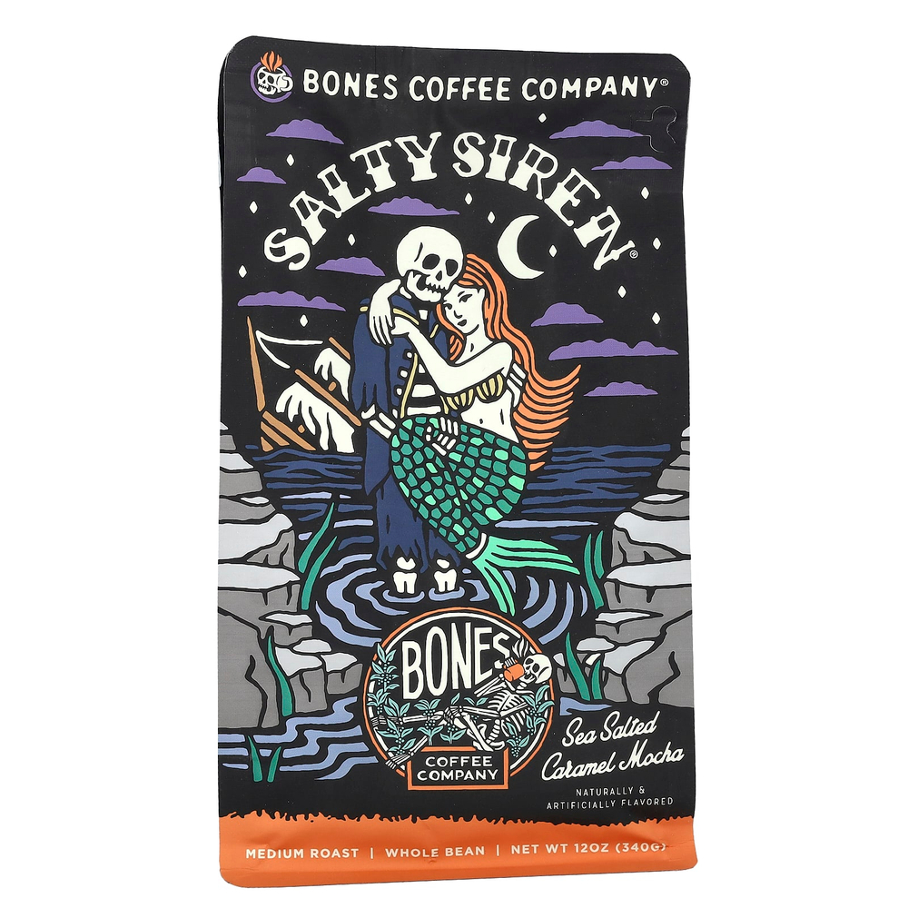 Bones Coffee Company, Salty Siren, мокко с морской соленой карамелью, цельные бобы, средняя обжарка, 340 г (12 унций)