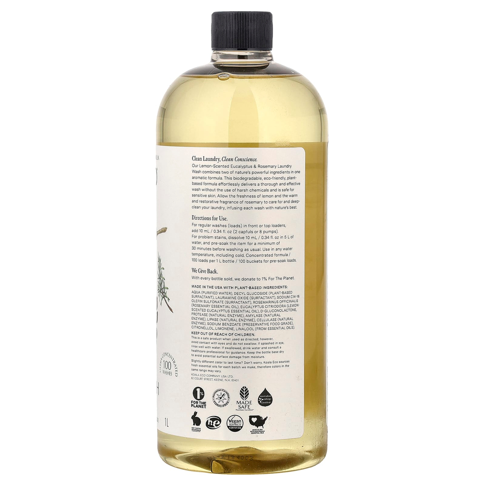 Koala Eco, натуральное средство для стирки, эфирное масло эвкалипта и розмарина с ароматом австралийского лимона, 1 л (33,8 жидк. унции)