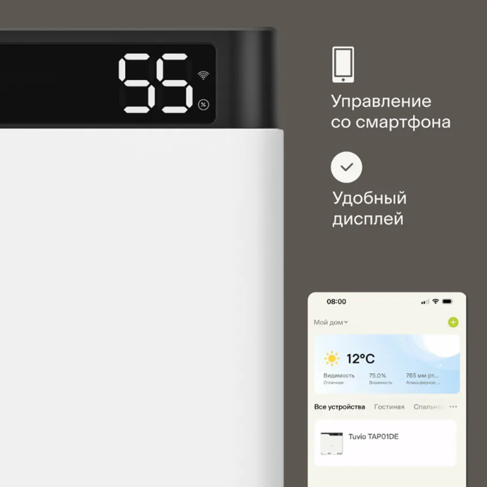 Tuvio Мойка воздуха TAP01DE с Wi-Fi, УФ, ионизацией и Алисой, 6 л