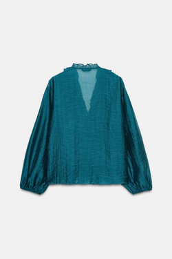 ZARA БЛУЗА С ВОЛАНАМИ, БУТЫЛОЧНО-ЗЕЛЕНЫЙ