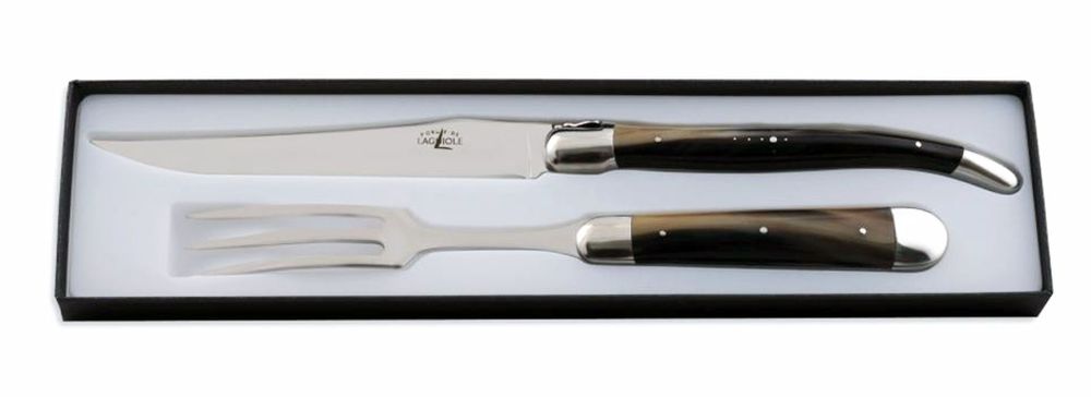 Carving set, big size (fork+knife), 2 stainless steel bolsters, shiny finish, light broun horn tip h