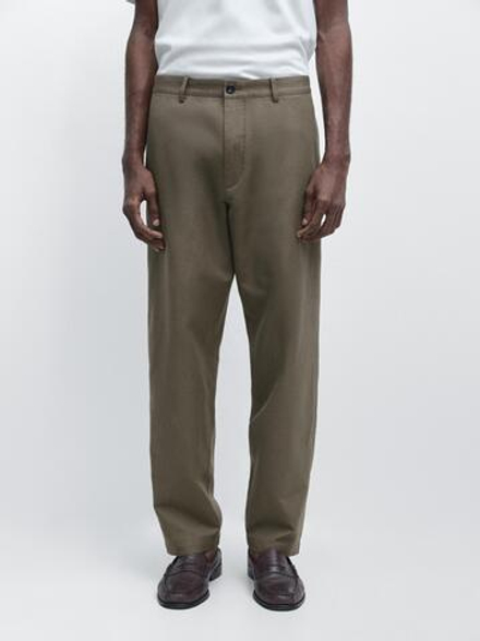 Massimo Dutti Зауженные брюки из хлопка и льна, кротово-коричневый