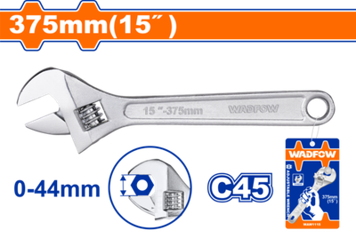 Ключ разводной 375 мм, 0-44 мм (2/16) WADFOW WAW1115