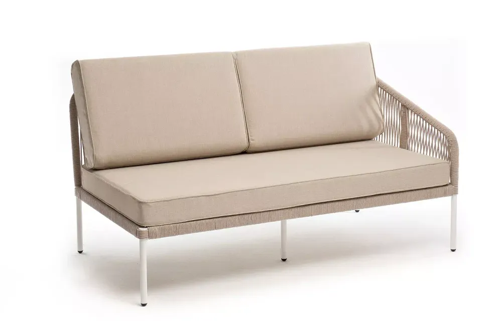 "Канны" левый модуль плетеный из роупа, каркас алюминий белый муар, роуп бежевый круглый, ткань бежевая 15052