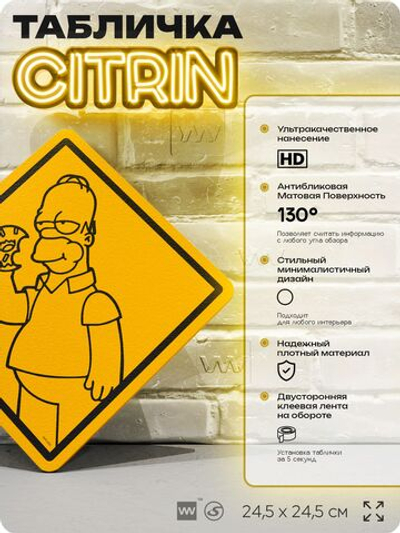 Табличка декоративная "Гомер с пончиком" из сериала Симпсоны, на дверь и стену, прикольная штука в подарок фанату, декоративный знак ЦИТРИН, 24,5х24,5 см, пластиковая, Айдентика Технолоджи