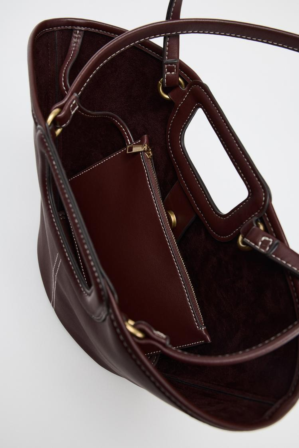 ZARA СУМКА-ШОПЕР С ДЕКОРАТИВНОЙ СТРОЧКОЙ, БОРДОВО-КРАСНЫЙ