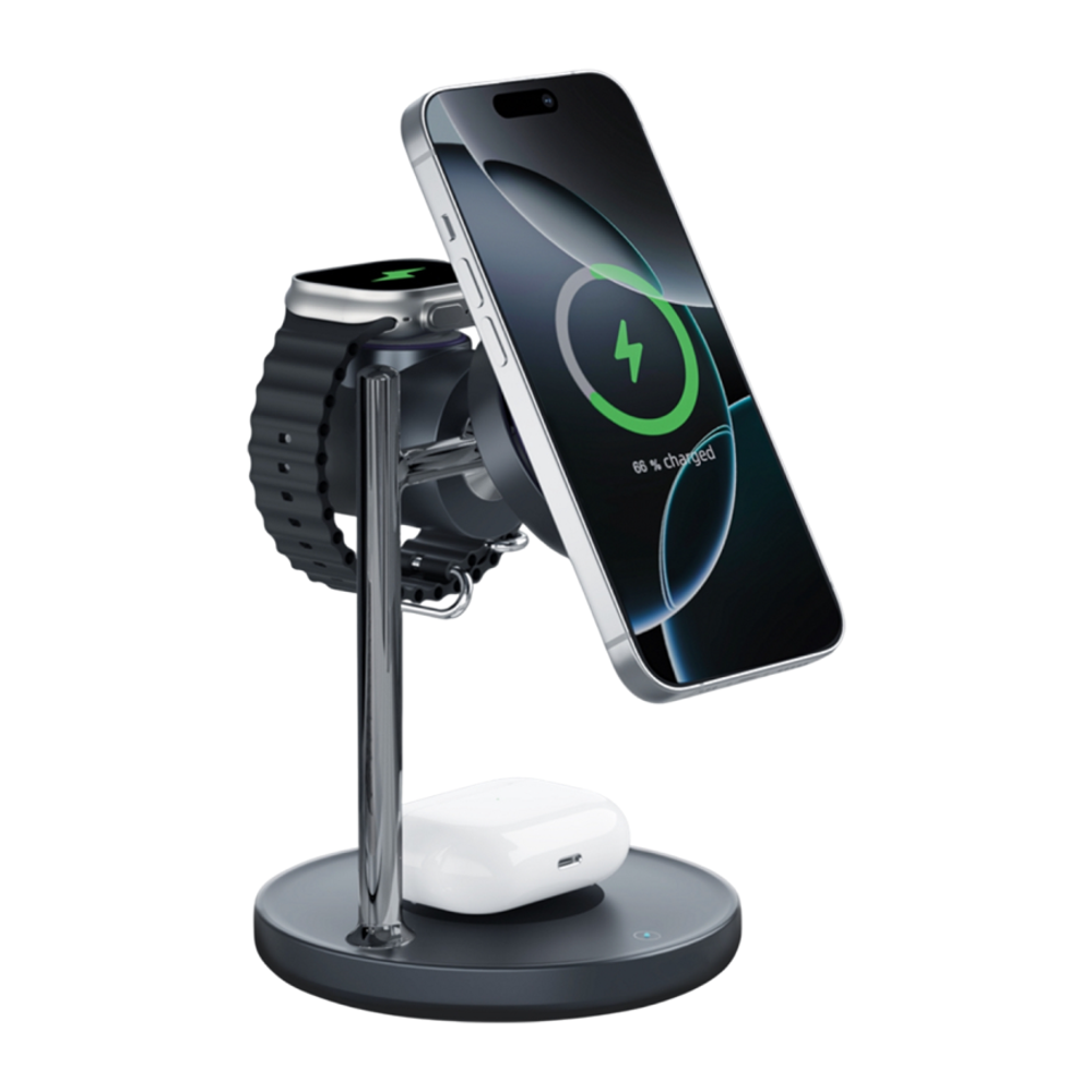 Зарядная станция MagSafe с активным охлаждением Deppa Max Power для iPhone, Apple Watch и AirPods (Qi2.2) Беспроводная зарядка: Qi 25 Вт, Qi 5 Вт, магнитное крепление для зарядки Apple Watch или Samsung Galaxy Watch (Qi 2,5 Вт). Проводная зарядка: нет. Се