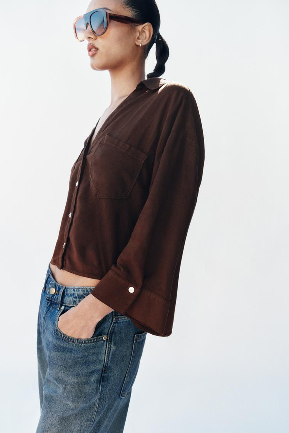 ZARA СВОБОДНАЯ РУБАШКА ИЗ ЛЬНА, КОРИЧНЕВЫЙ