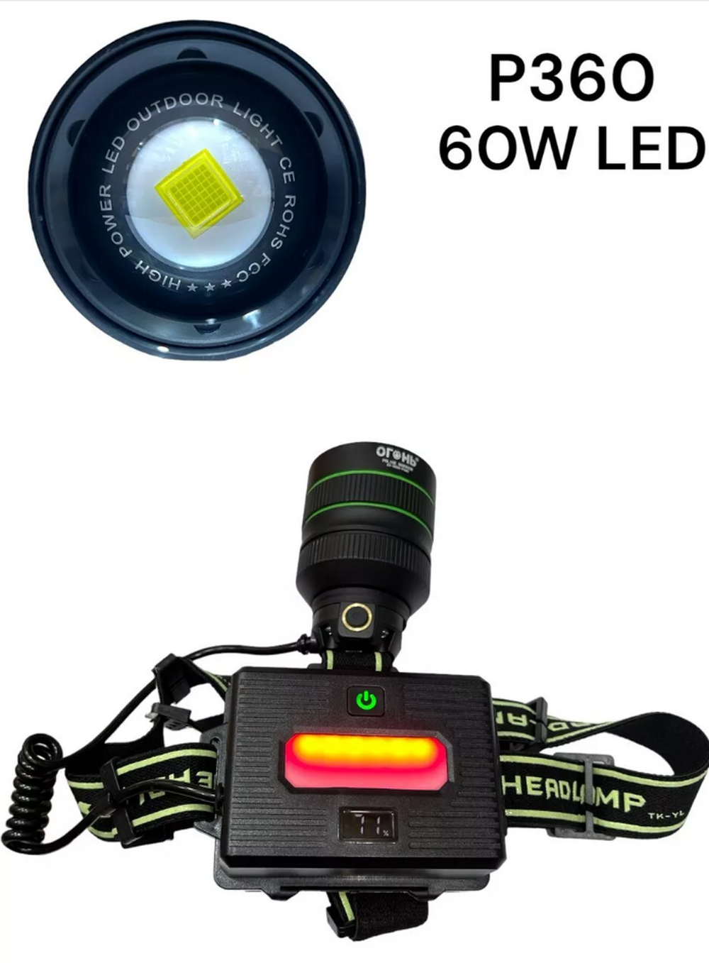 Фонарь Огонь HT-3055-P360 налобный сверх яркий.