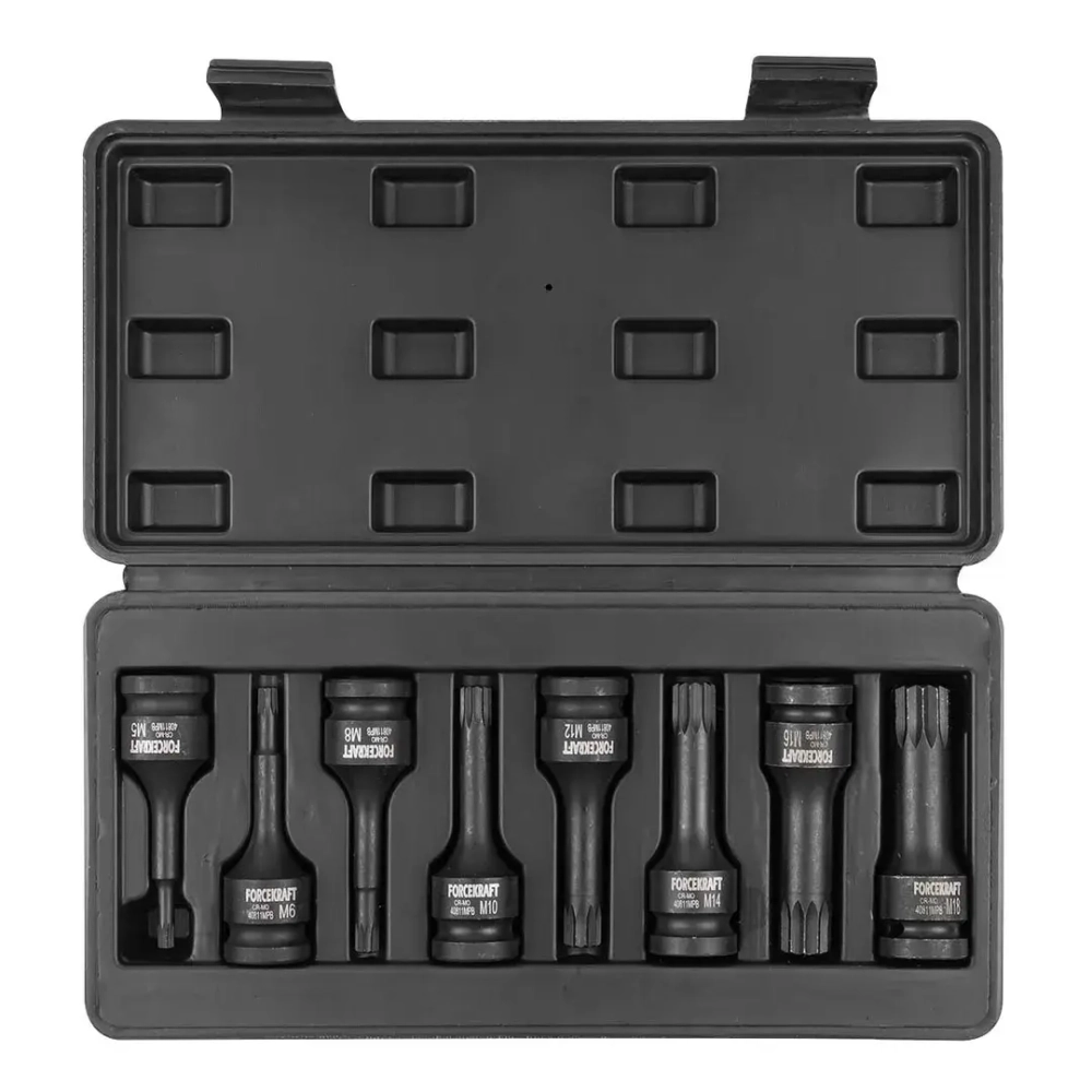 Набор головок-бит SPLINE ударных 8пр.,1/2''(M5, M6, M8, M10, M12, M14, M16, M18), в кейсе FORCEKRAFT FK-40811MPB
