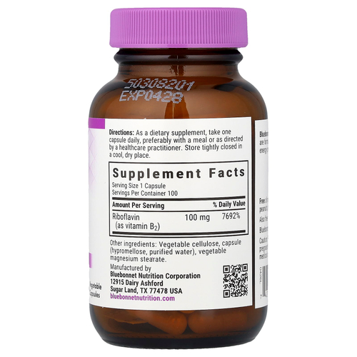 Bluebonnet Nutrition, Витамин B2, 100 мг, 100 растительных капсул