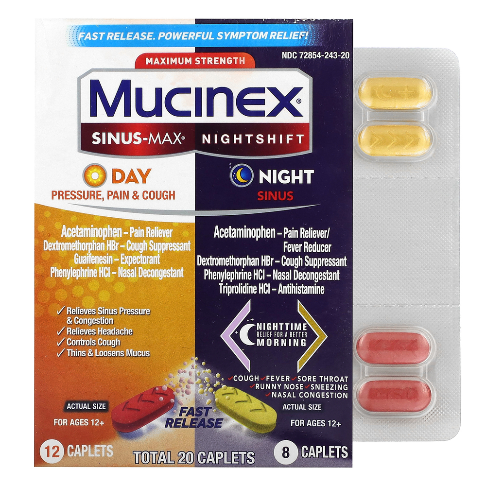 Mucinex, Sinus-Max Day and NightShift Night Sinus, максимальная сила действия, для детей от 12 лет, 2 флакона, 20 капсул