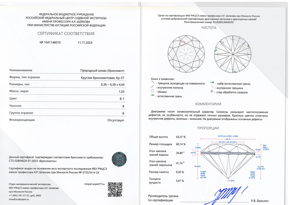 Бриллиант 1041146010 Кр-57-1,03-8-1/8 Б