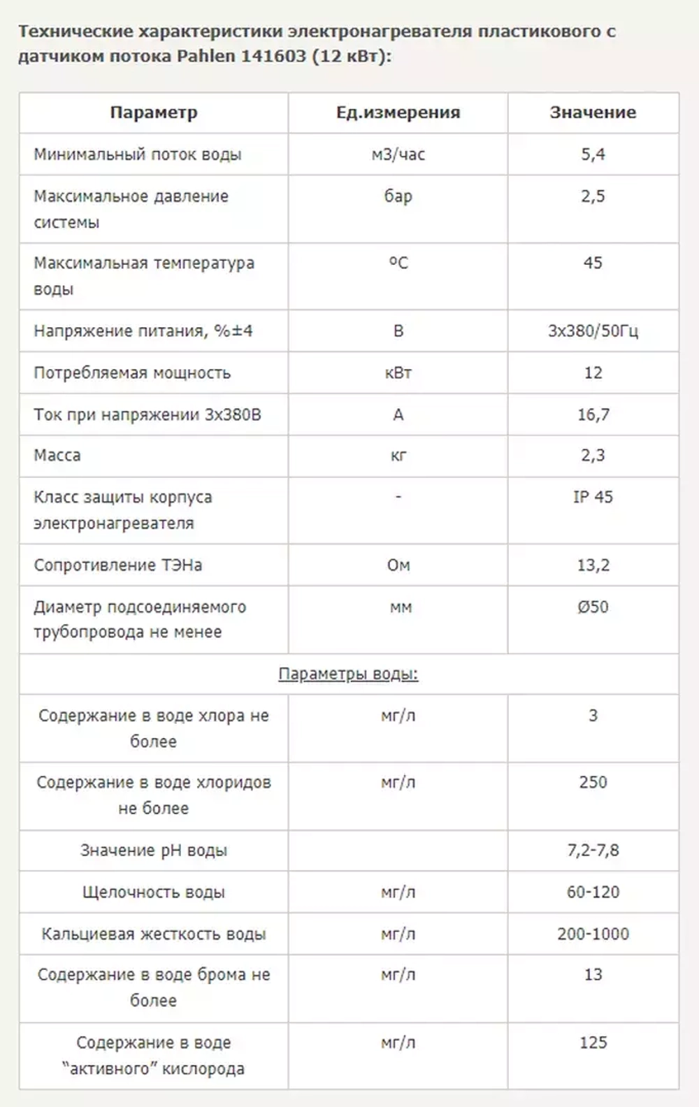 Электронагреватель для бассейна - 12кВт, 380В, подкл. Ø50мм, Incoloy 825, 0-45 С°, корпус пластик - Pahlen, Швеция