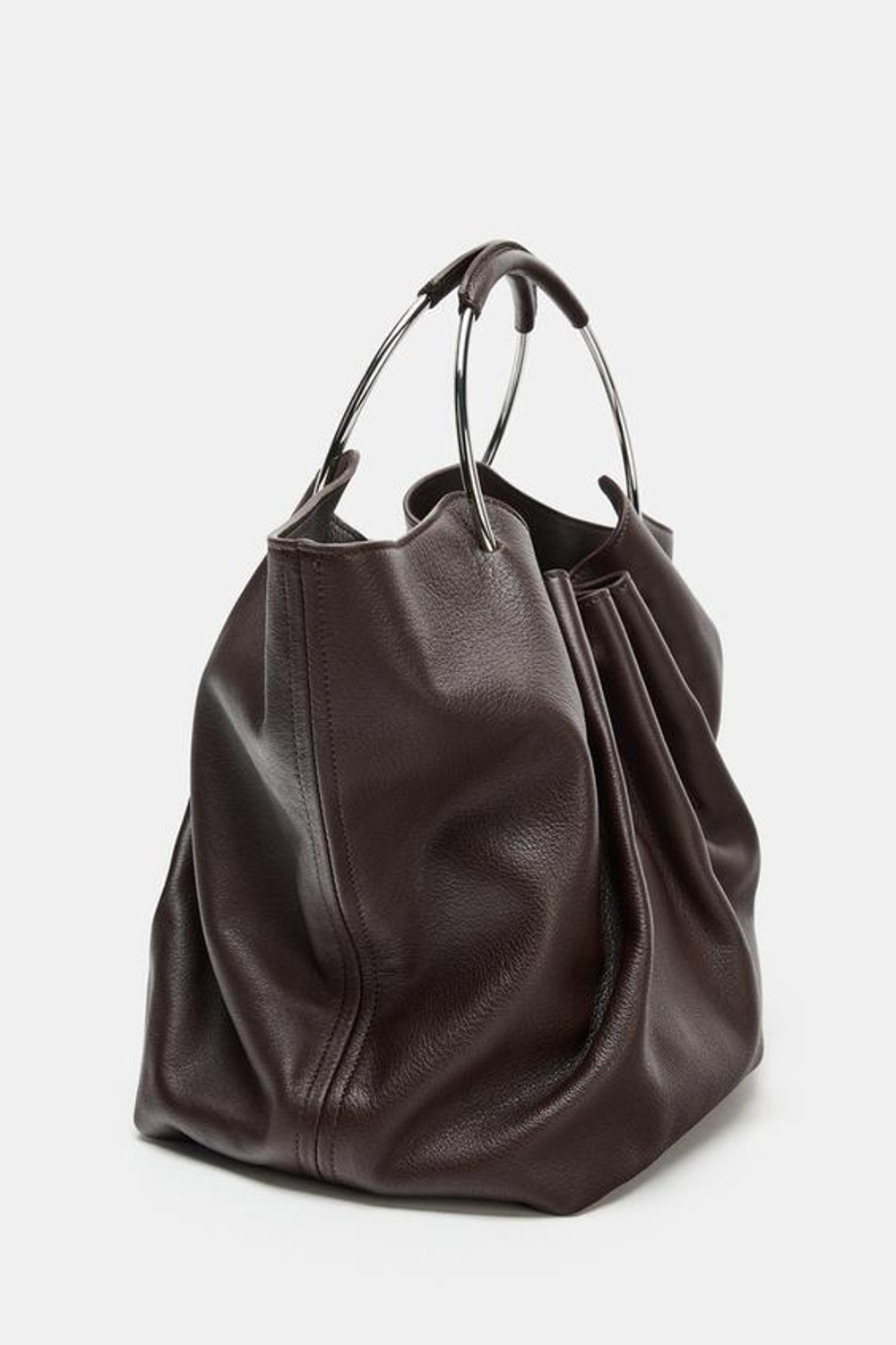 ZARA КОЖАНАЯ СУМКА-МЕШОК С ЖЕСТКИМИ РУЧКАМИ, КОРИЧНЕВЫЙ