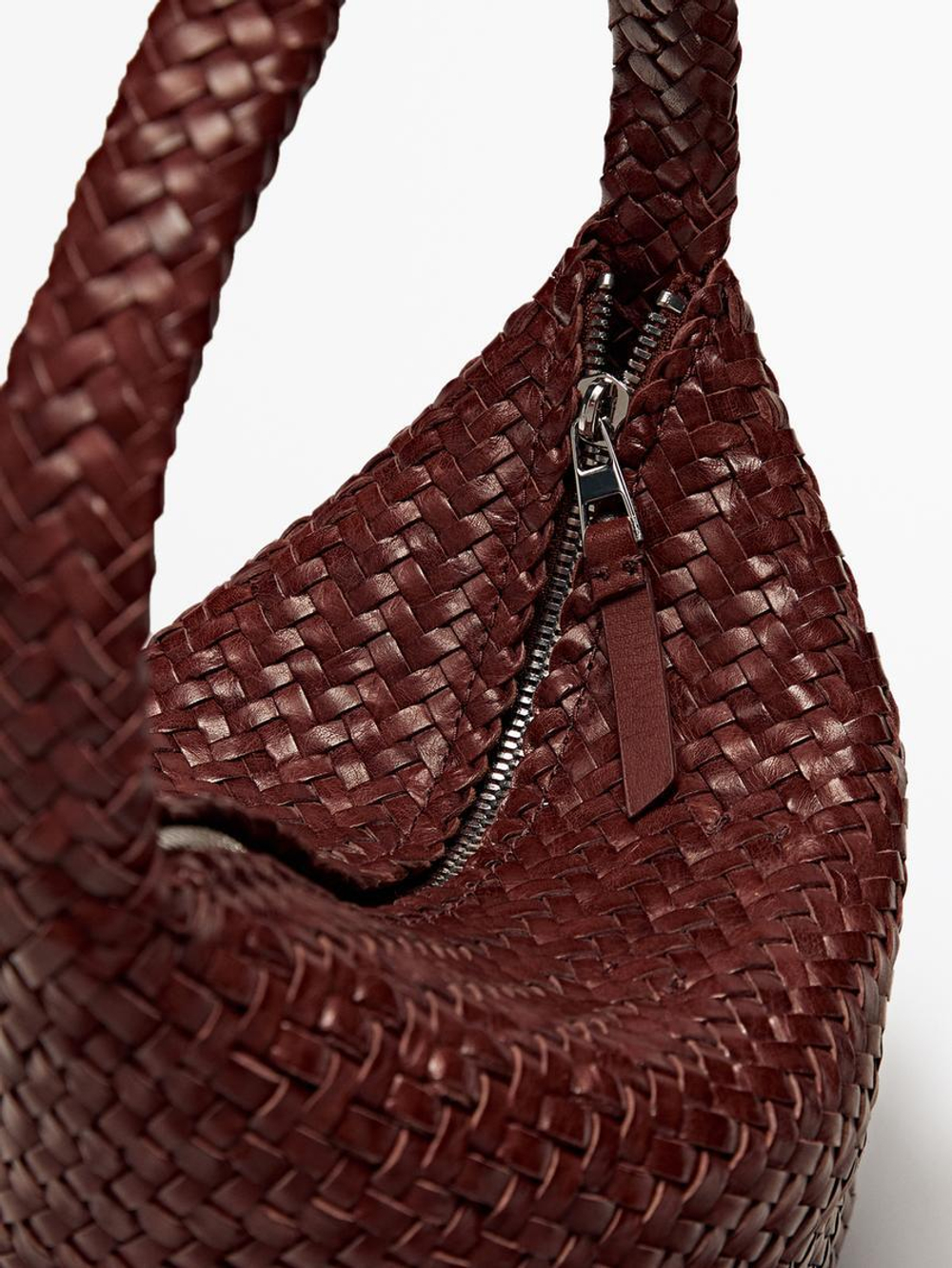 Massimo Dutti Сумка-мешок из кожи наппа с плетеным узором, бордо