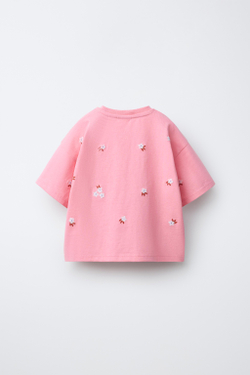 ZARA ФУТБОЛКА С ВЫШИТЫМИ ЦВЕТАМИ, КОРАЛЛОВЫЙ