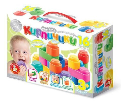 Конструктор из мягкого материала с ионами серебра для самых маленьких «Мягкие кирпичики Extra» 16 деталей