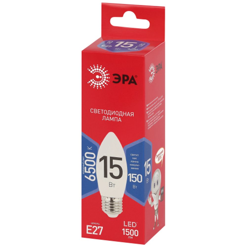 Лампа светодиодная ЭРА RED LINE LED B35-15W-865-E27 R 15Вт свеча на ветру холодный дневной свет Е27 | Лампы cветодиодные Свеча (B/C)