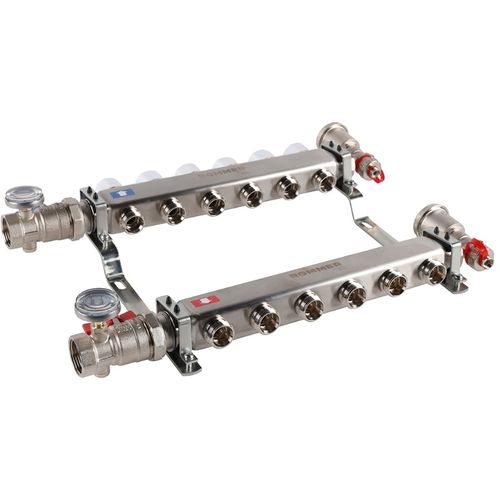 Коллектор Rommer 1"x3/4" на 8 контуров с запорными клапанами в сборе (нерж. сталь) RMS-3210-000008