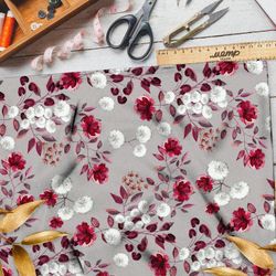 Ткань габардин хризантемы красные и белые