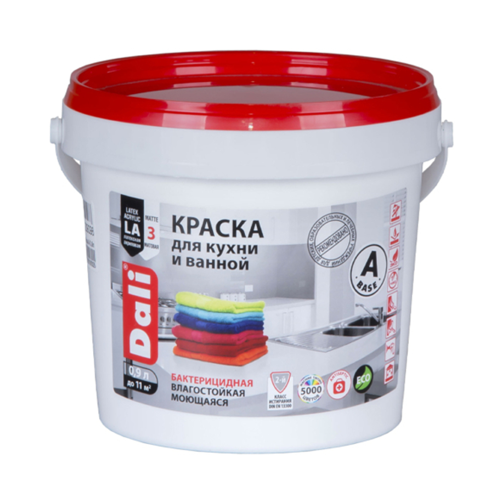 КРАСКА ЛАТЕКСНАЯ "DALI" ДЛЯ КУХНИ И ВАННОЙ  БАЗА А  0,9 Л (1/6) ВЛАГОСТОЙКАЯ БИОЗАЩИТНАЯ "РОГНЕДА"