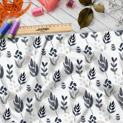 Ткань таффета чёрные акварельные листья на белом фоне