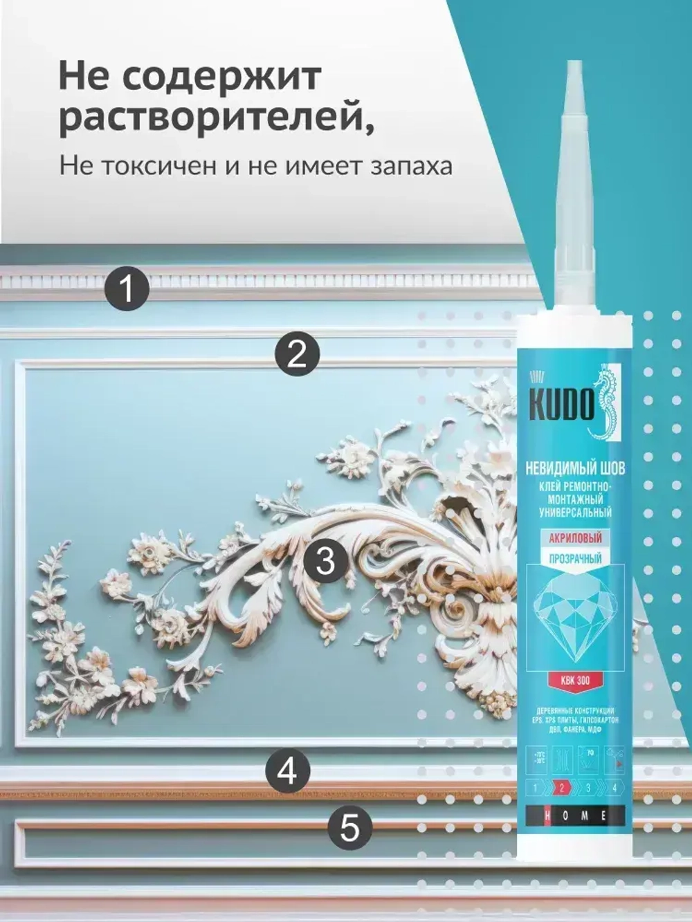 Жидкие гвозди - невидимый шов KUDO "KBK 300", монтажный клей, акриловый, прозрачный