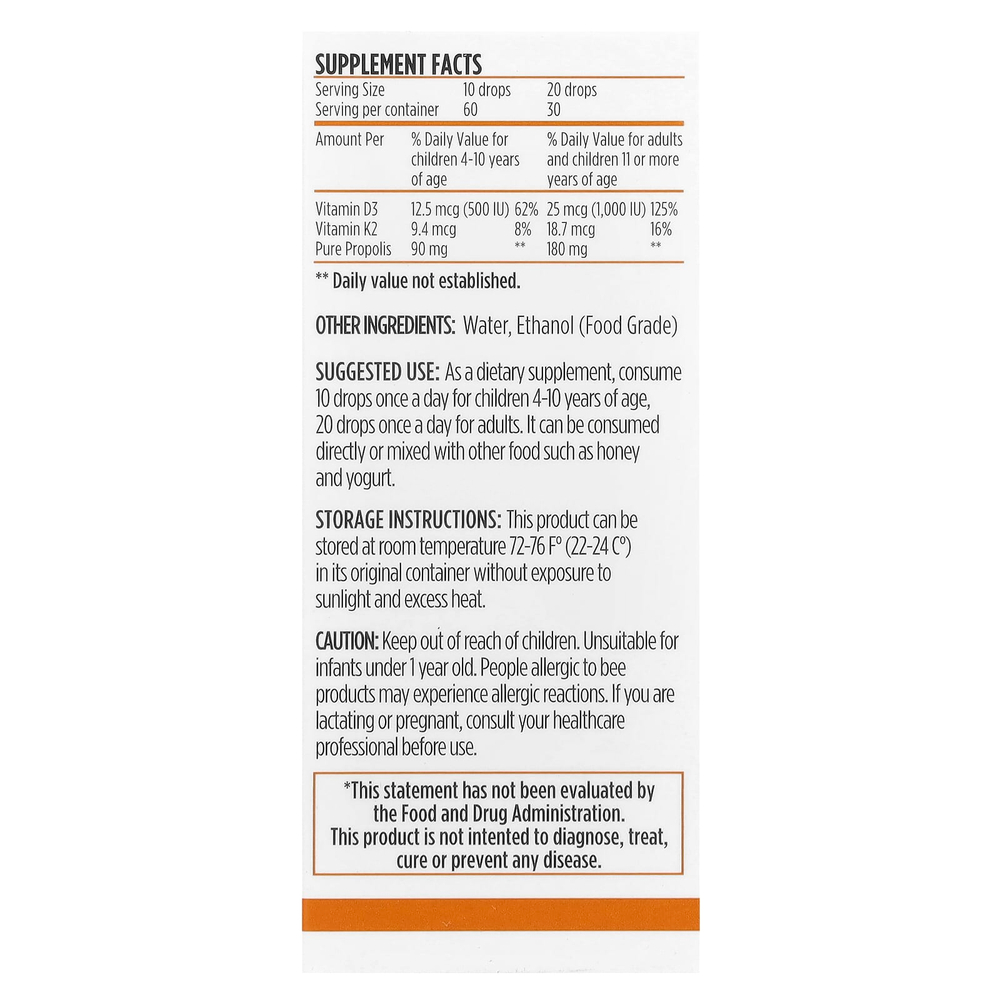 Bee&You, Прополис, витамины D3 и K2, 30 мл (1 жидк. Унция)