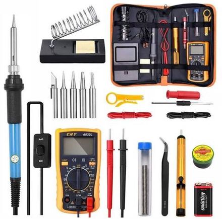Набор инструментов для пайки и ремонта 20 предметов (паяльник 60Вт, мультиметр, оловоотсос...)