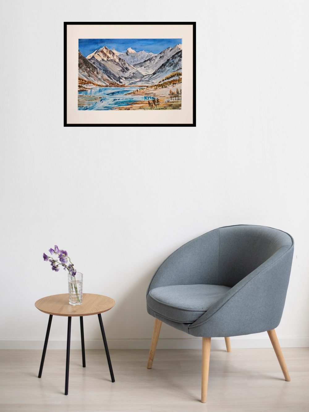 Картина авторская акварельная в паспарту 40х50 см на стену для интерьера "Белуха и Ак-Кем. Горный Алтай"