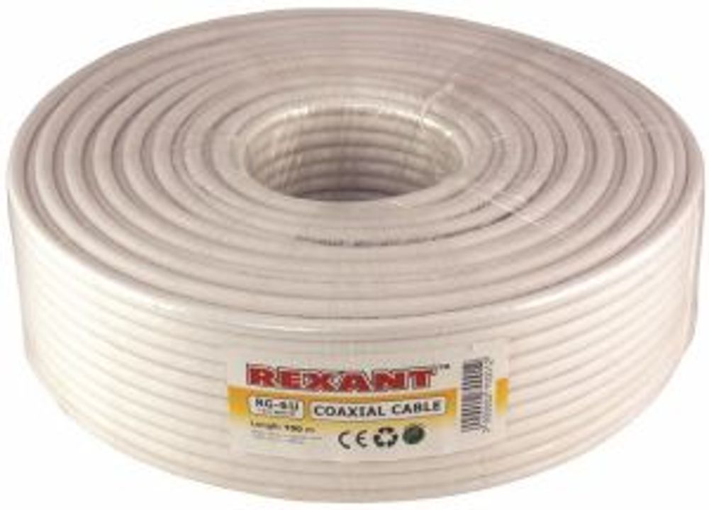 Кабель коаксиальный RG-6U, 75Ом, Cu/Al/Cu, 75%, 100м, INDOOR, белый REXANT