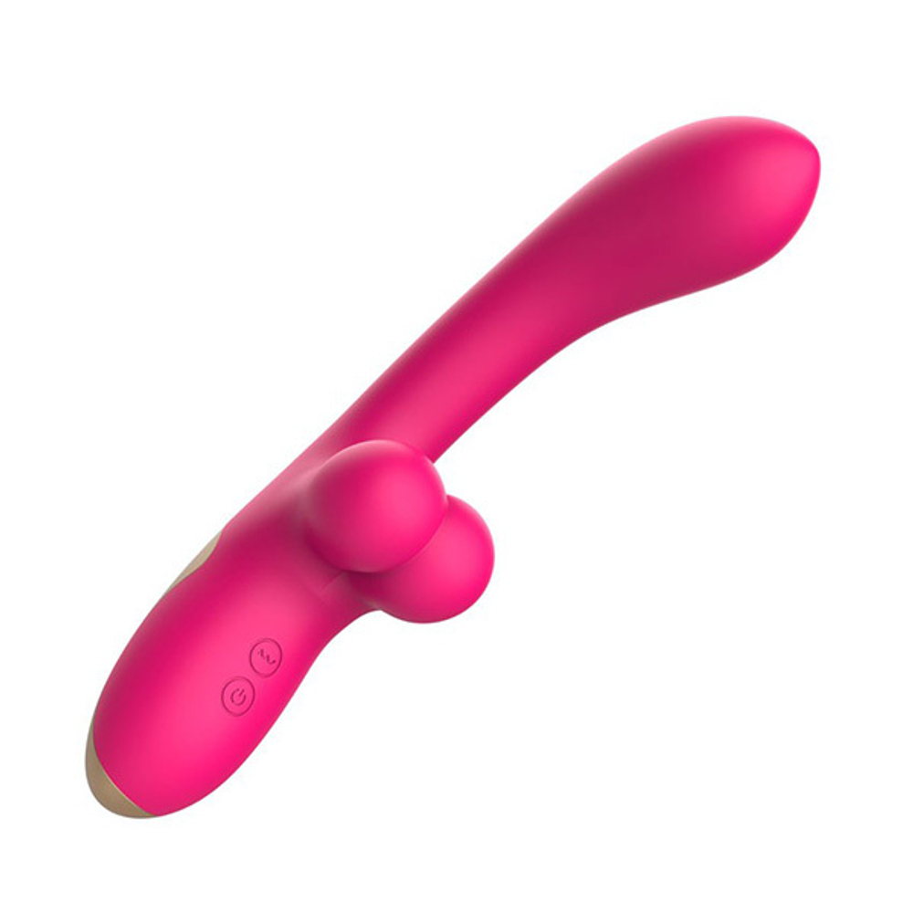 Розовый изогнутый вибромассажер 21,2см с имитацией мошонки I-Moon Whale P MY-235