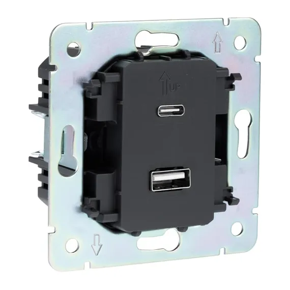 Розетка ROUND USB-A+Type-C 3А с функцией быстрой зарядки титан KRANZ