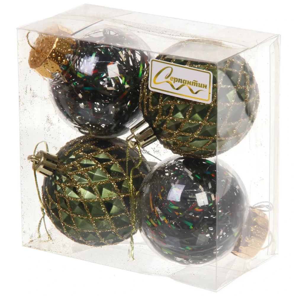 Новогодние шары 6 см (набор 4 шт) «Яркая метель», изумруд/золото