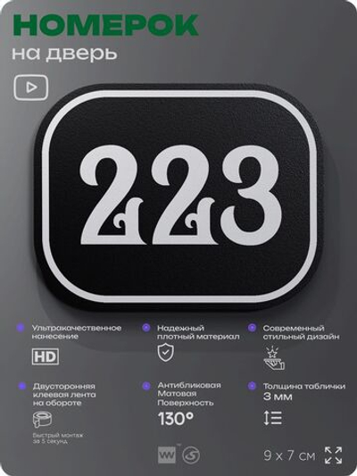 Номерок на дверь квартиры 223, для кабинета, офиса, шильдик 9 х 7 см, черный, Айдентика Технолоджи