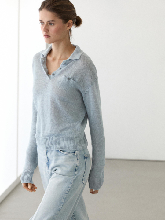 Massimo Dutti Тонкий свитер изо льна с воротником поло, выцветший синий