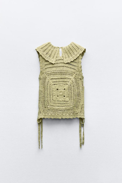 ZARA ТОП ИЗ КРУЖЕВА КРОШЕ С ЗАВЯЗКАМИ ПО БОКАМ, СВЕТЛО-ЗЕЛЕНЫЙ