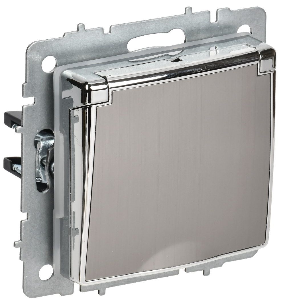 BRITE Розетка 1-местная с заземлением с защитными шторками и крышкой 16А IP44 РСбш10-3-44-БрГН металл хром/никель IEK