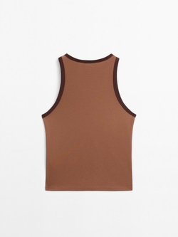 Massimo Dutti Топ из 100% хлопка с горловиной халтер и контрастной отделкой, кофейный