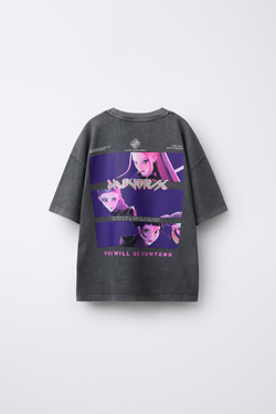 ZARA ФУТБОЛКА С ЭФФЕКТОМ ПОТЕРТОСТИ И ПРИНТОМ KPOP DEMON HUNTERS™ NETFLIX ©, ТЕМНЫЙ АНТРАЦИТ