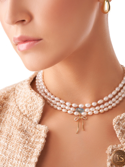 Чокер из натурального Жемчуга и Скарабея Swarovski в цвете Аквамарин, gold