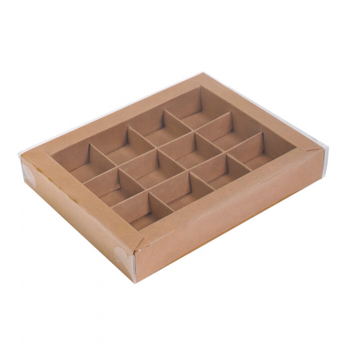 Коробка для конфет 12 шт с пластиковой крышкой 190*150*30 мм (крафт)