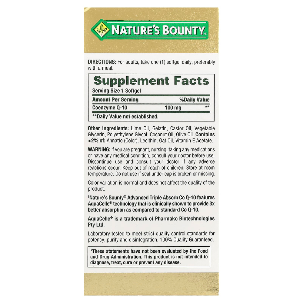 Nature's Bounty, Advanced Triple Absorb CoQ-10, 90 мягких таблеток с быстрым высвобождением (100 мг в каждой капсуле)