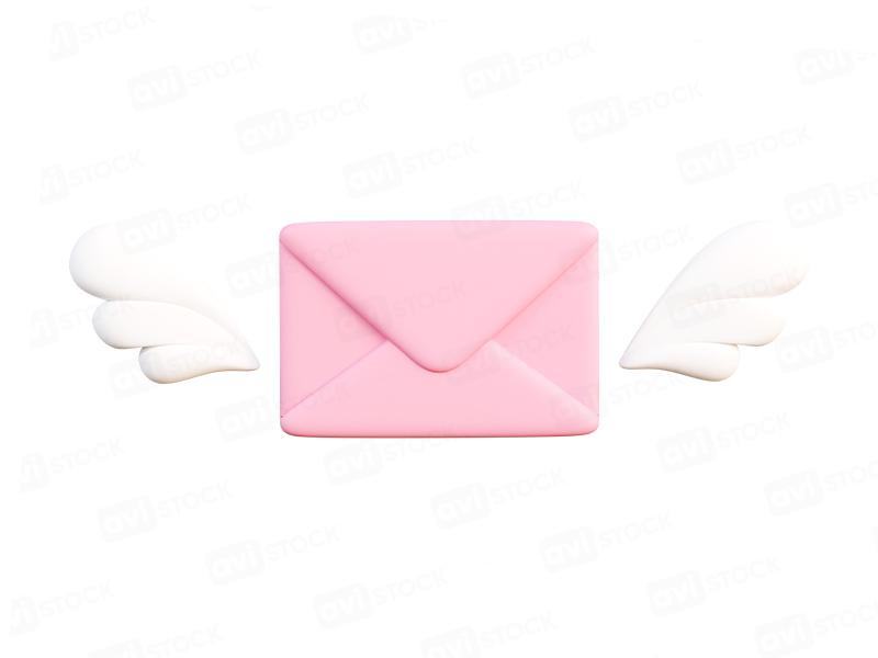 Летающий розовый конверт с крыльями на прозрачном фоне