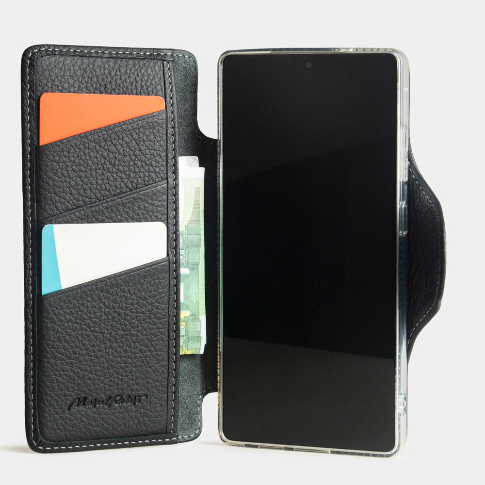 Чехол с картхолдером для Samsung Galaxy S25 Ultra из кожи теленка, черного цвета