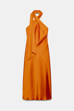 ZARA АТЛАСНОЕ ПЛАТЬЕ МИДИ С ГОРЛОВИНОЙ ХАЛТЕР, ОРАНЖЕВЫЙ