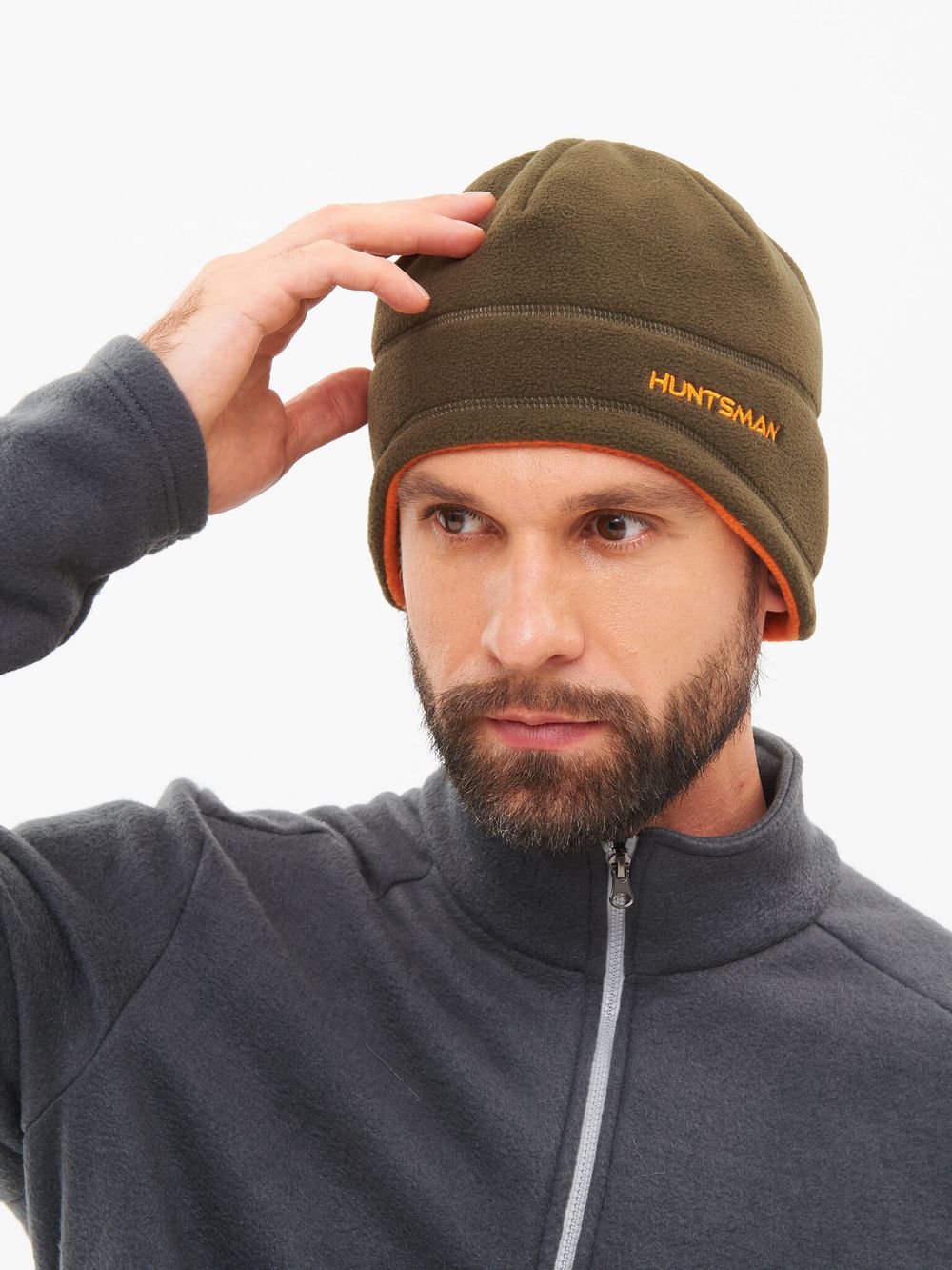 Шапка двухсторонняя ткань Флис цвет Хаки/Оранжевый