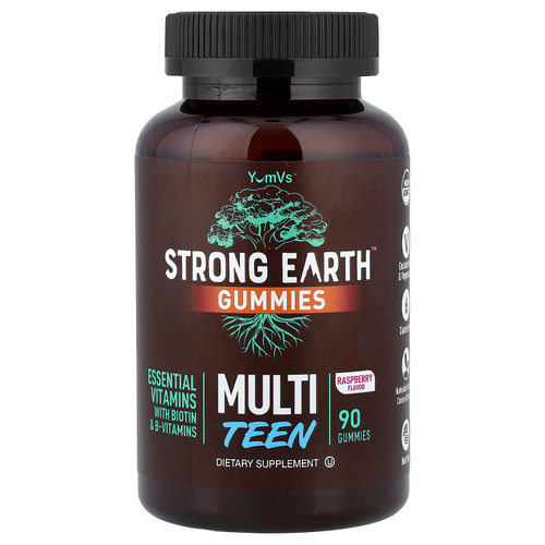 YumVs, Strong Earth, жевательные мармеладки для подростков, малина, 90 жевательных таблеток