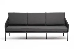 "Канны" диван 3-местный плетеный из роупа, каркас алюминий темно-серый (RAL7024) муар, роуп темно-серый круглый, ткань темно-серая 027